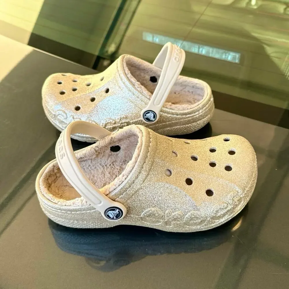 Crocs Little Kids Baya Lined Fuzzy Glitter Clogs Girls Size J 1 Gold‎